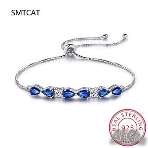 SMTCAT сребърна гривна 925 със сини циркони „капки“