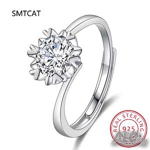 SMTCAT Сребърен Пръстен 925 Усукана Халка с 8мм Снежинка CZ
