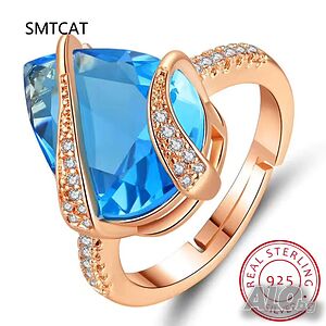 SMTCAT Сребърен Пръстен 925 Син Капковиден Циркон 18x15mm Преоразмеряем 5-7