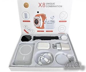 Комплект 8 в 1 с X8 Smartwatch, безжични слушалки, зарядно, кабели, външна батерия