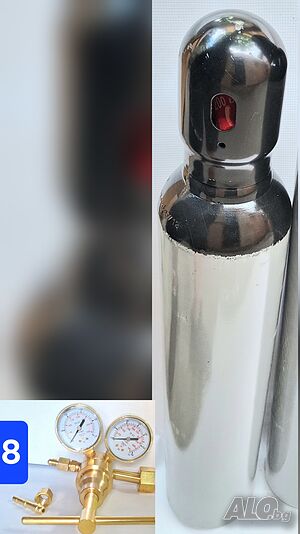 Азот бутилка 96x15см, 10л/200bar, регулатор изход 150bar накрайници за клима и маркуч