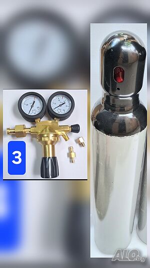 Азот бутилка 80x15см, 8л/200bar, регулатор 50bar накрайници за клима и маркуч