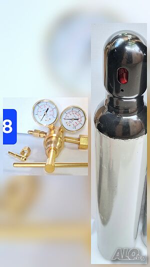 Азот бутилка 80x15см, 8л/200bar, регулатор изход 150bar накрайници за клима и маркуч