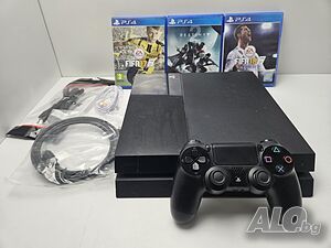 +Гаранция! PS4 Playstation 4 Плейстейшън 4 500GB джойстик игра кабели 3 игри