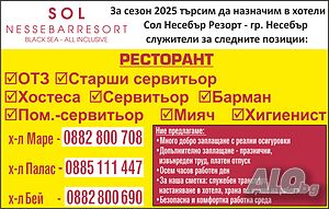 За сезон 2025 търсим да назначим в хотели Сол Несебър Резорт – гр. Несебър служители за РЕСТОРАНТ