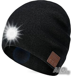 зимна плетена, музикална шапка с Bluetooth, Hands Free, фенер, 5 Led, универсална