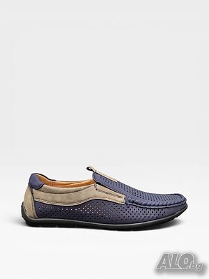 Мъжки мокасини с перфорация в тъмносиньо и бежово S571-2 blue