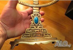 Голям старинен бронзов свещник МЕНОРА с орнаменти и камък син тюркоаз 36х 35см. - еврейски седемсвещ