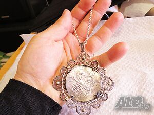 Възрожденска Сребърна икона, амулет, накит, медальон с Богородица, Дева Мария - Панагия 70 мм - Бого