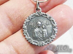 Сребърно синджирче със старинен медальон Света Богородица, Дева Мария с младенеца