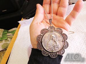 Възрожденска Сребърна икона, амулет, накит, медальон с Богородица, Дева Мария - Панагия 70 мм - Бого