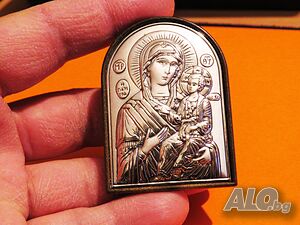 старинна посребрена икона Дева Мария,  Богородица с младенеца 6 х 4 см.