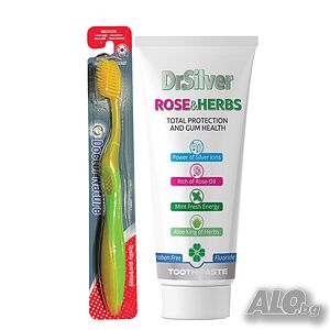 Четка за зъби Dr. Nature Total Health Nano Gold + Паста за зъби Dr.Silver ROSE and HERBS, 75 мл