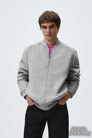 Мъжко яке тип бомбър с рипсена яка и дълги ръкави Zara, Сиво, XL