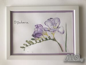 Лилава фрезия Картина с акварелни бои 32 cm 23 cm Хартия Силвия Тошева Оригинал | Картини |