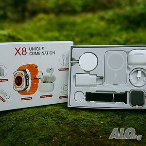 Смарт часовник Комплект 8 в 1 с X8, безжични слушалки, зарядно, кабели, външна батерия