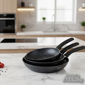 Комплект тигани Cheffinger с мраморно покритие - 3 части за всяка кухня - черен цвят