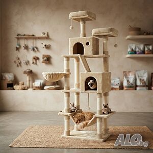 Драскалка за котки Beige 206 см - XXL катерушка с 2 къщички, хамак и площадки