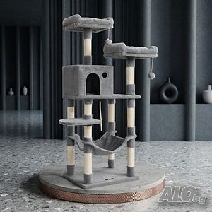 Многоетажна драскалка за котки с хамак и къщичка - 143 см, Светлосива