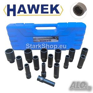 Дълбоки Ударни Вложки 1/2″ Удължени 12 Стенни CR-MO 15 части HAWEK (10 - 32мм)
