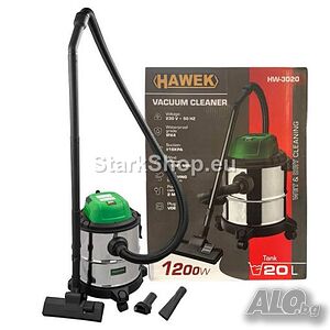 Прахосмукачка за Сухо и Мокро Почистване 20л HAWEK 1200W с 4 Въртящи Колела и 3 Накрайника
