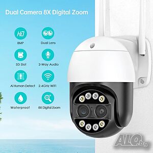 8MP WiFi PTZ камера, 4K Ultra HD, 8x хибридно увеличение, двоен обектив - 2.8 мм широкоъгълен +12мм