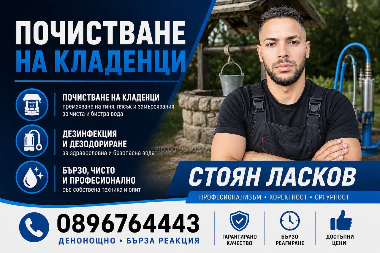 Кладеничарски услуги. Почистване удълбочаване и копаене на кладенци герани бунари