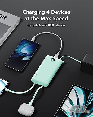 Преносима батерия (power bank) VRURC, модел T1116, с капацитет 10000 mAh и вградени кабели