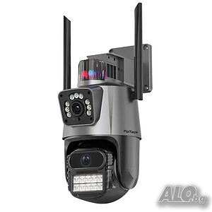 Двойна външна въртяща WiFi AI камера 8MP с два обектива, ICSee, Черна