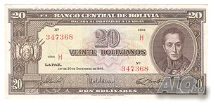 Bolivia-20 Bolivianos-1945-P# 140a.6-Paper