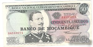 Mozambique-50 Escudos-1976-P# 116-Overprint-Paper