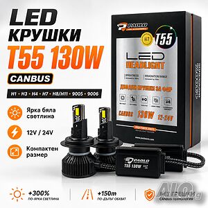 СУПЕР МОЩНИ LED Крушки T55 130W CANBUS за Фарове - H1, H3, H4, H7, H8/H11, 9005 и 9006 - 12V/24V