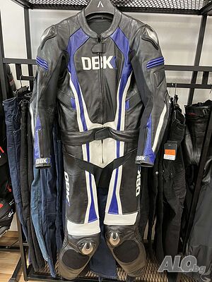 Кожен мото екип DBK Racing,2 части L 52/54, гърбица, протектори, като нов