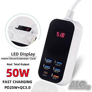50W USB зарядно устройство 5 USB порта + 1 Type-c с LED дисплей бързо зареждане QC3.0