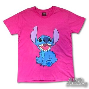 Нова детска тениска с дигитален печат Стич (Stitch) в цвят циклама