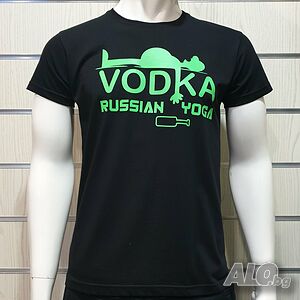 Нова мъжка забавна тениска с трансферен печат VODKA Russian yoga, алкохол, Русия