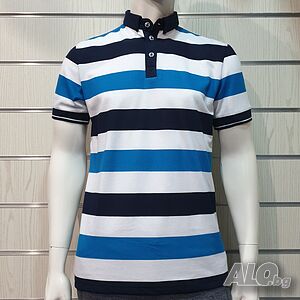 Нова мъжка моряшка блуза тип Lacoste, райе, копчета, пике, къс ръкав, полу яка