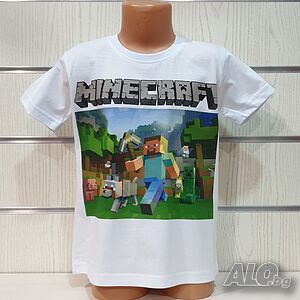 Нова бяла детска тениска с дигитален печат MINECRAFT (Майнкрафт)