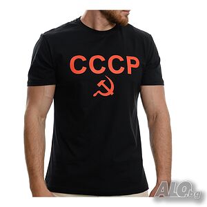 Нова черна мъжка тениска с трансферен печат СССР, Русия, червен надпис