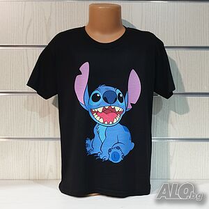 Нова черна детска тениска с дигитален печат Стич (Stitch)