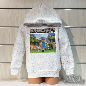 Нов детски суичър в цвят бял меланж с дигитален печат MINECRAFT