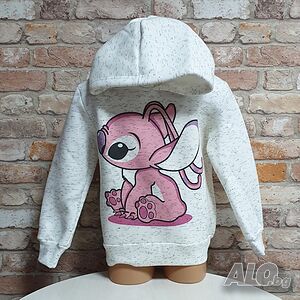 Нов детски суичър с дигитален печат Розов Стич (Stitch) в цвят бял меланж