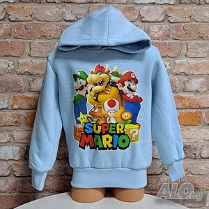 Нов детски суичър с дигитален печат Super Mario (Супер Марио) в светлосин цвят