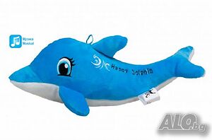 Ново плюшено делфинче с бродерия „Happy dolphin“, със звук в син цвят, 38см