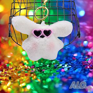 🐶 Бяло куче с розови любовни очила, 10 см плюшена играчка