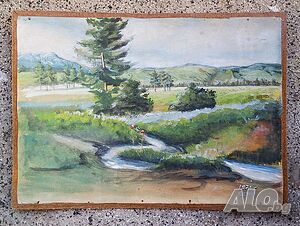Пейзаж край село Говедарци, Рила планина - стара картина, акварел, 1975г.
