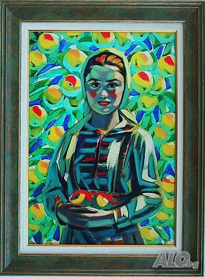 ”Момичето с ябълките”, Владимир Димитров - Майстора, картина с рамка