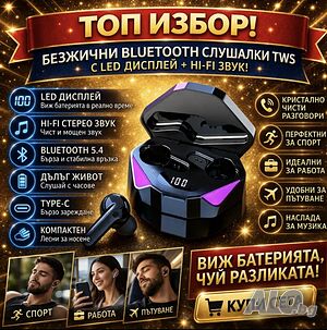 Безжични Bluetooth слушалки TWS с LED дисплей - Hi-Fi звук и мощна батерия