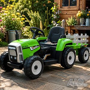 Детски акумулаторен трактор с ремарке 12V - 2x25W, MP3, Bluetooth, до 30 кг, зелен