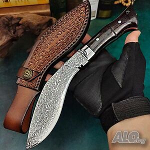 Супер мачете DAMASKUS kUKRI VG10 OUTDOOR TOOL, 69 слоя, с ръчно шита кания телешки бланк